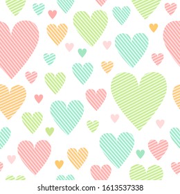 Pastel colored pink blue green and yellow simple cute striped hearts on white seamless pattern, valentine's day illustration, vector background