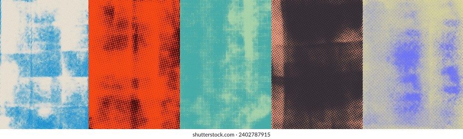 Pastel colored poster templates with grunge halftone texture. Hand drawn dotted texture. Square pixel dot cartoon backgrounds. Vector abstract shapes with distressed grunge effect.