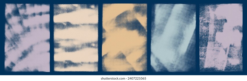 Pastel colored poster templates with grunge halftone texture. Hand drawn dotted texture. Square pixel dot cartoon backgrounds. Vector abstract shapes with distressed grunge effect.