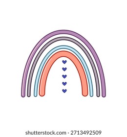 Pastel colored rainbow vector illustration with small stacked hearts, representing a gentle design for nursery decor, baby announcements, or children's apparel concept