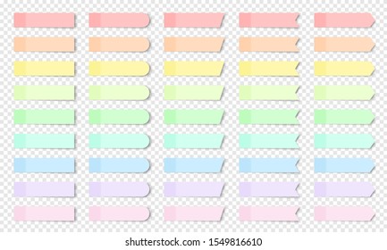 Pastel colored realistic sticky notes isolated. Set of vector paper bookmarks of different shapes - rectangle, arrow, flag. Collection of red, orange, yellow, green, blue and purple post notes