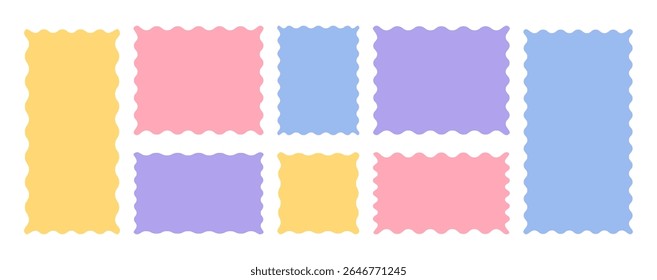 Pastel colored rectangular frame boxes, scallop border shapes collection. Doodle forms with corrugated wavy edges. 