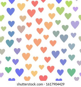 Pastel colored red blue green and yellow simple cute hearts on white seamless pattern, valentine's day illustration, vector background