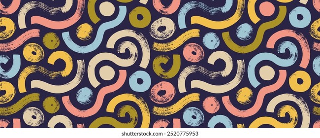 Pastel colorido retro padrão sem emenda com curvas de pincel em negrito e círculos em estilo tribal. Design de banner sem emenda vintage. Design apertado com ondas ásperas desenhadas à mão, curvas e pontos.