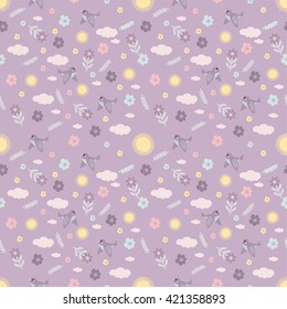 Pastel colored romantic seamless pattern with cute cartoon birds. Clouds, flowers and sun. For wallpapers, backgrounds, surface textures.