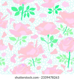 Pastel colored roses with blue net texture seamless vector pattern. Pastel roses with blue abstract texture seamless pattern design. It is good for fabric, wrapping, packaging and any other design.