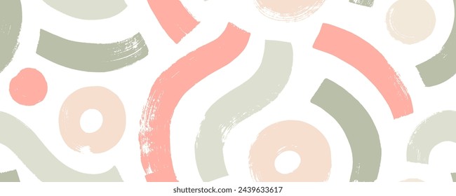 Pastel colored seamless banner pattern with organic geometric shapes. Kid texture design with basic brush drawn shapes. Bold curved lines, waves, circles and doodle forms. Squiggle seamless pattern.