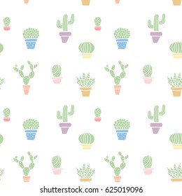 Pastel colored seamless cute cactus pattern.