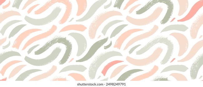 Pastel colored seamless design banner with bold curved brush strokes and squiggly lines. Hand drawn vector boho style seamless pattern with messy strokes, waves and freehand rough thick lines.