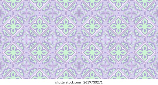 A pastel colored seamless floral vector pattern with repeating symmetrical motifs. The design features stylized flower shapes and diamond like elements in soft shades of lavender, mint green, and blus