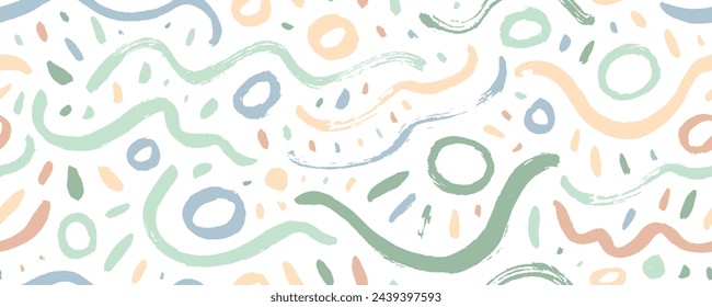 Pastel colored seamless pattern with brush drawn wavy lines, squiggles, doodle circles and short strokes. Rustic or tribal style seamless banner design. Childish abstract wallpaper.