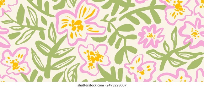 Pastel colored seamless pattern with brush drawn pink flowers. Chamomile, daisy or poppy with stems. Kid doodle floral drawing in naive or primitive style. Abstract childish simple art style.