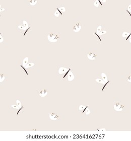 Pastel colored seamless pattern with butterflies and flowers on white background