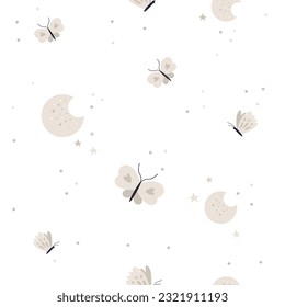Pastel colored seamless pattern with butterfly and moon on white background