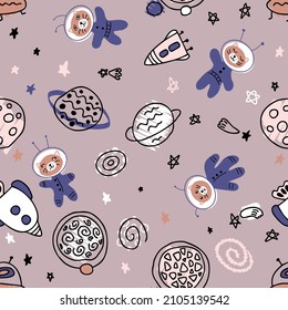 Pastel colored seamless pattern with cats astronauts  in cosmos. Perfect for T-shirt, textile and print. Hand drawn vector illustration for decor and design.