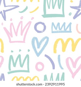 Pastel colored seamless pattern with charcoal crowns, stars, curls and hearts. Hand drawn graffiti drawing symbols. Charcoal doodle childish or girly elements. Modern childish seamless pattern.