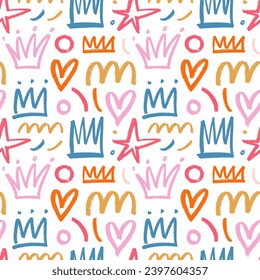 Pastel colored seamless pattern with charcoal crowns, stars, curls and hearts. Hand drawn graffiti drawing symbols. Charcoal doodle childish or girly elements. Modern childish seamless pattern.