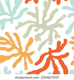 Pastel colored seamless pattern with coral and algae in Matisse style. Brush drawn botanical organic shapes. Aesthetic contemporary vector pattern. Corals textile print in naive grunge style.