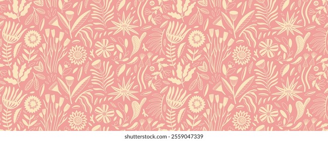 Pastel colored seamless pattern with folk flowers and plants. Naive girly psychedelic botanical motif. Vector background with cute naive meadow plants and flowers. Doodle abstract wrapping paper.