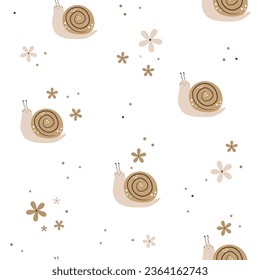 Pastel colored seamless pattern with funny snails and flowers on white background