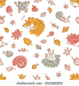 Pastel colored seamless pattern of hedgehogs and autumn elements. Perfect for fabric, scrapbooking, textile and prints. Sketch style vector illustration for decor and design.
