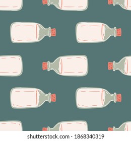 Patrón sin costuras de color pastel con siluetas de botellas medicinales. Fondo turquesa claro. Perfecto para el diseño de tela, impresión textil, envoltura, cubierta. Ilustración vectorial.
