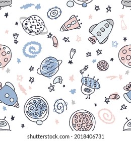 Cohetes de patrón sin costura de color pastel y planetas en el espacio. Perfecto para tela, rayado, textil e impresiones. Ilustración vectorial dibujada a mano para la decoración y el diseño.