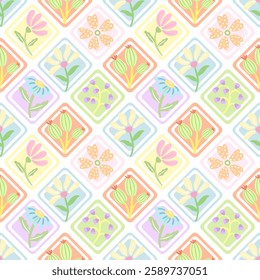 Pastel colored seamless pattern with stems. Kid doodle floral drawing in naive or primitive style. Abstract childish simple art style.