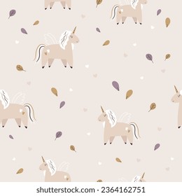 Pastel colored seamless pattern with unicorns and petals.