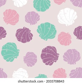 Pastel Colored Seashells with Grunge Effect Seamless Pattern Vector Illustration