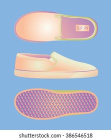 Pastel colored slip on mock up. Three dimensions of shoes. Realistic vector illustration.
