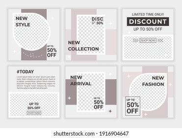 Pastel colored social media posts templates set with place for photo in minimal style with light grey for mobile apps, web banners. Promotion template with modern style design. Vector illustration