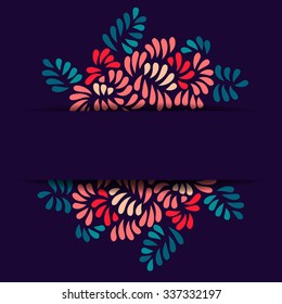 Pastel colored stylized flowers and leaves bouquet card template on dark, vector
