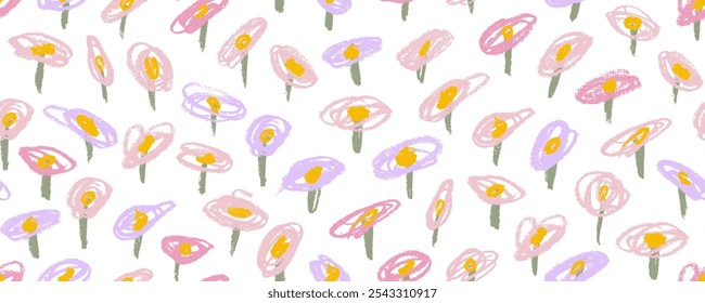 Pastel de color pequeño campo de flores sin patrón. Dibujado a mano con estampado elegante. Crayón dibujado lindo Fondo de pantalla femenino con Pequeñas flores de prado. Abstractas fondo botánico multicolor.