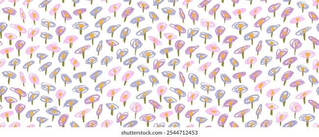 Pastel de color pequeño campo de flores sin patrón. Dibujado a mano con estampado elegante. Crayón dibujado lindo Fondo de pantalla femenino con Pequeñas flores de prado. Abstractas fondo botánico multicolor.