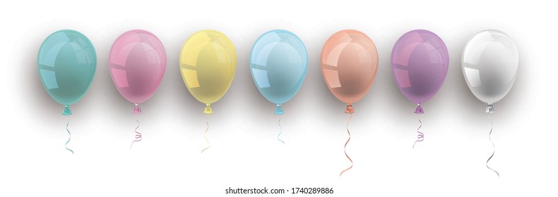 Pastel colored and transparent balloons with shadows on the white background. Eps 10 vector file.