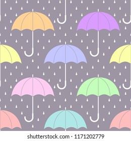 Pastel colored umbrellas on gray with rain drops, seamless pattern, vector