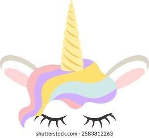 Pastel colored unicorn face featuring closed eyes, a vibrant rainbow mane, and a shimmering golden horn, creating a whimsical and magical design perfect for children s products