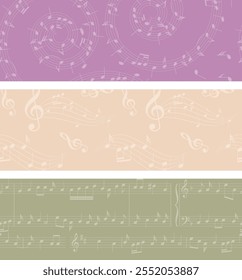 fundo de vetor colorido pastel com notas de música abstratas. conjunto de banners