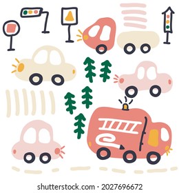 Pastel colored vector collection of cars, trucks, road signs and traffic lights. Perfect for stickers, textile and prints. Doodle style illustration for decor and design.