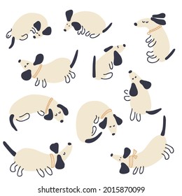 Pastel colored vector collection of playing dachshunds. Perfect for scrapbooking, greeting card, poster, textile and prints. Hand drawn illustration for decor and design.
