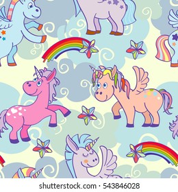 Pastel colored vector hand drawn unicorns seamless pattern