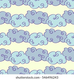 Pastel colored vector hand drawn clouds seamless pattern.