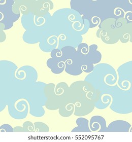 Pastel colored vector hand drawn clouds seamless pattern. Cumulus clouds illustration.