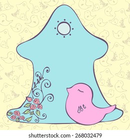 Pastel colored vector illustration of blue bird's house with pink bird on yellow background. Hand-drown kids design eps8