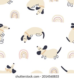 Pastel colored vector seamless pattern of dachshunds and rainbows. Perfect for T-shirt, textile and prints. Hand drawn illustration for decor and design.

