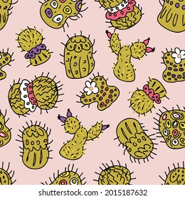 Pastel colored vector seamless pattern of bright green cacti. Perfect for T-shirt, textile and prints. Hand drawn illustration for decor and design.