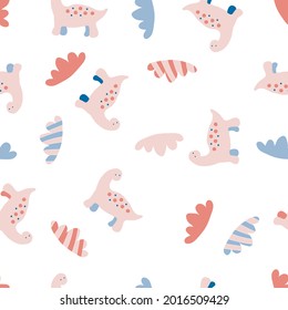 Pastel colored vector seamless pattern of dinosaurs and striped clouds. Perfect for scrapbooking, greeting card, poster, textile and prints. Doodle style illustration for decor and design.
