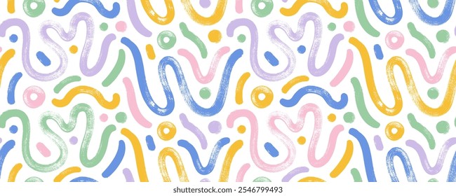 Patrón ondulado y ondulado de color pastel sin costuras con puntos y círculos. Pincel dibujado abstracto negrita gruesas líneas de doodle. Papel de envoltura de garabatos infantil simple. Abstractas ondas dinámicas de fluidos modernos.
