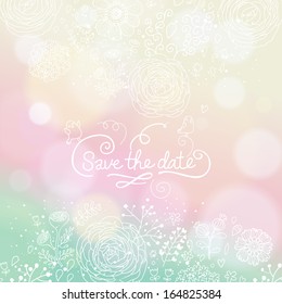 Pastel colored wedding invitation in vector. Delightful Save the Date card in modern style. Adorable romantic card 